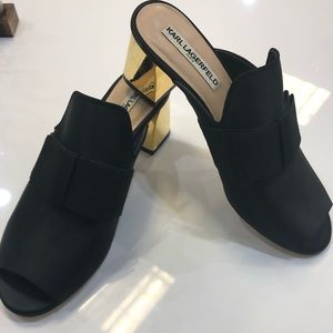 Karl Lagerfeld satin peep toe block heel mules